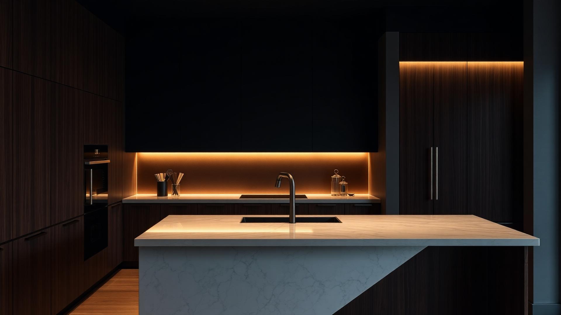 Cuisine de luxe sombre réalisée par MAJAM Aménagement