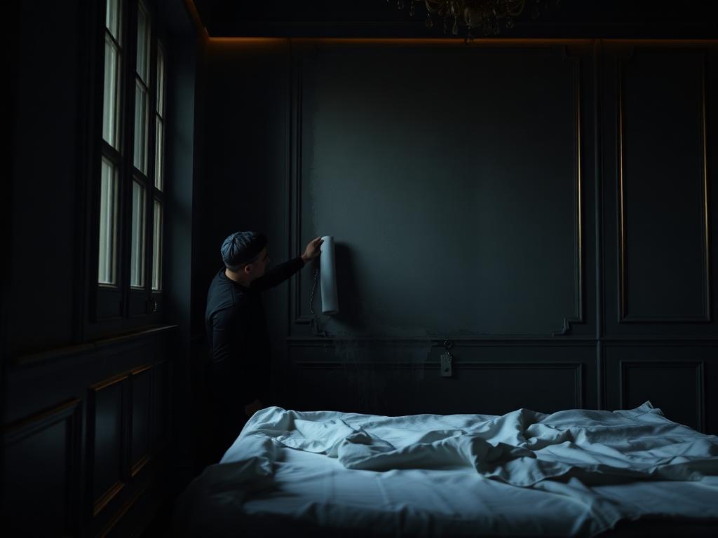 Peintre MAJAM appliquant une peinture sur un mur dans une chambre élégante