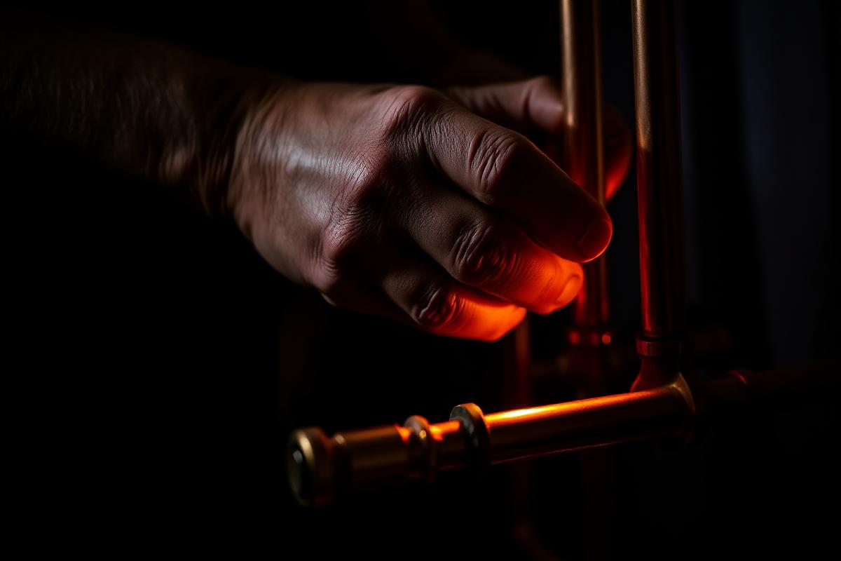 Mains d'un plombier travaillant sur des tuyaux en cuivre