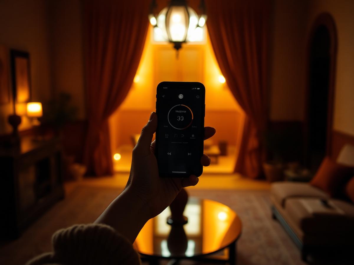 Une cliente décrit son besoin depuis son téléphone dans un salon chaleureux